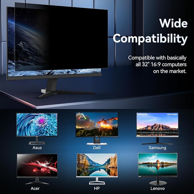32 Inch Computer Privacy Screen Filter for 16:9 Widescreen Monitor, Removable Eye Protection Anti Glare Blue Light Filter Privacy Shield, Anti Scratch Anti Spy Screen Protector Film 32 in