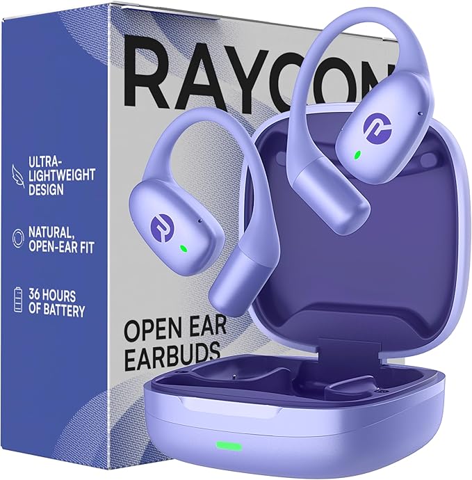 Raycon Essential Open Ear Earbuds – Open Ear Headphones, Earbuds Wireless Bluetooth, Sweat & Water-Resistant Earphones, Running Headphones with Ultra-Lightweight Design, 36 Hours Battery Life (Purple)