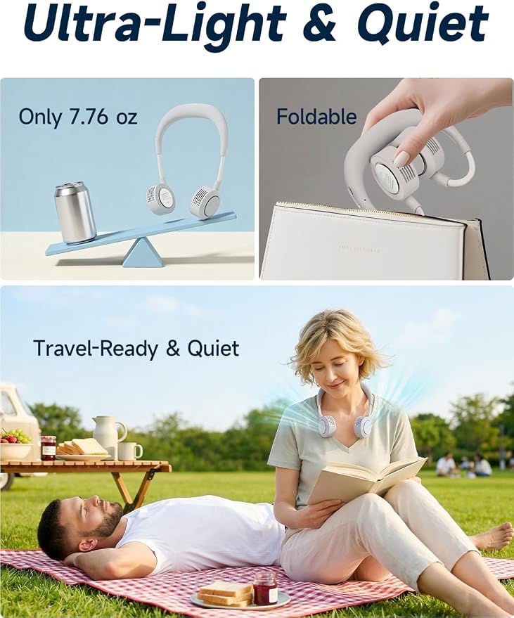 Portable Neck Fan - Hands Free Personal Face Fan, 5 Speeds Rechargeable Wearable Cooling Fan, Flexible Foldable Small Thin Quiet Neck Cooler for Travel, Work, Hot Flashes (Stone Greige)