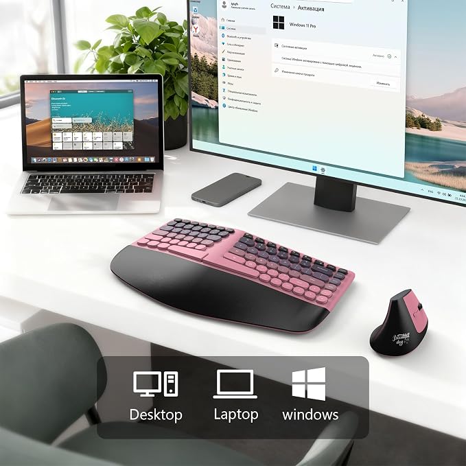MOFII Wireless Ergonomic Keyboard & Mouse Combo – Split Curved Keyboard with Wrist Rest (All-Day Comfort) + Wireless Vertical Ergonomic Optical Mouse, Compatible with PC/Laptop/Desktop- Pink Gradient