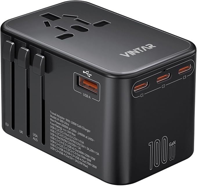 Universal Travel Adapter, VINTAR 100W GaN International Power Adapter with 3 USB-C PD Fast Charging and 1 USB-A QC, All-in-one Outlet Converter Charger for Europe UK USA AUS(Type C/G/A/I)