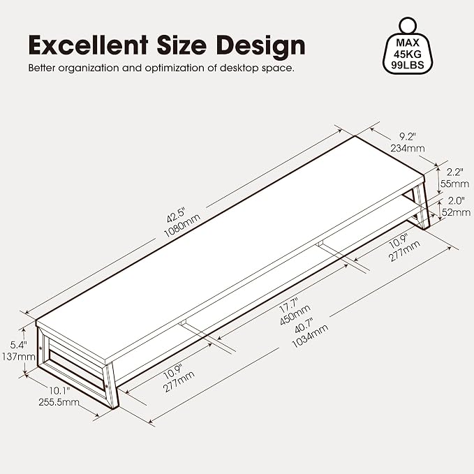 Fenge Dual Monitor Stand for Desk, 42.5in Large Monitor Riser for 2 Monitors, 2 Tier Computer Office Desk Top Shelf, Desktop Storage Stand for Laptop, PC, Computer, Printer