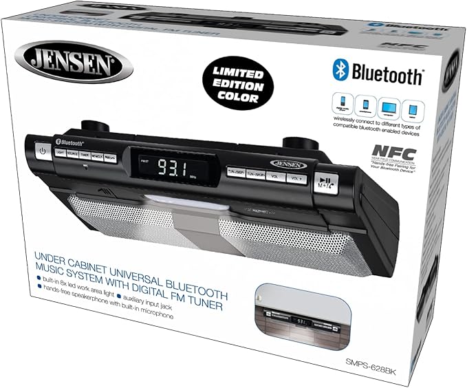 Jensen Modern Wireless Under Cabinet Kitchen Universal Bluetooth Music System, FM Radio, Clock LCD Digital Display , Built-in Hands-free Mic & Speakers (Includes Mounting Hardware)