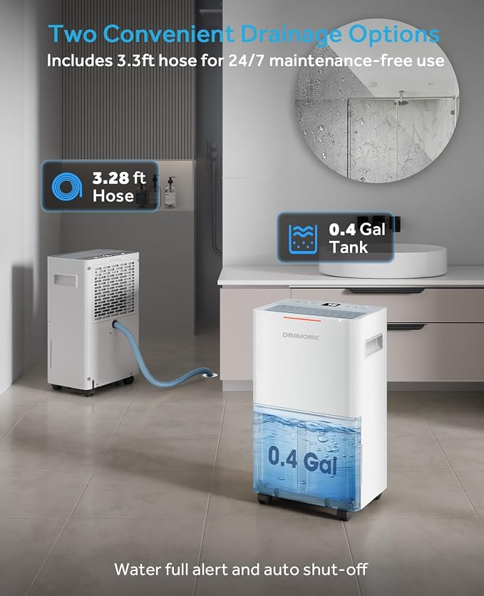Dehumidifier for Home Bedroom & Bathroom, Basement & Large Room, Color-Changing Humidity Light, Quiet 40dB, Continuous Drain Hose, 3 Modes, Auto Humidity Control (White, 1,500 Sq.Ft)