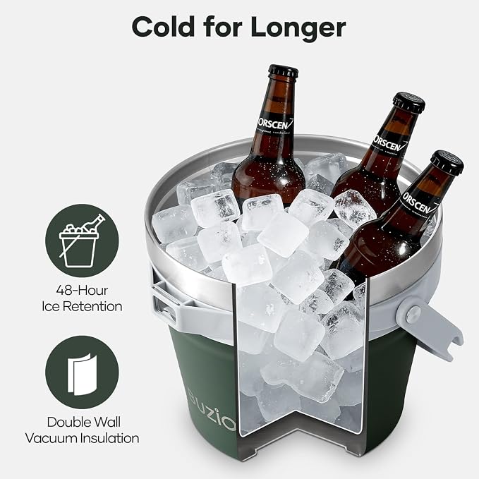 BUZIO 7 L Ice Bucket with Lid and Scoop & Tongs, Vacuum Insulated Stainless Steel Ice Buckets with Handle and Adjustable Shoulder Strap, Large Beverage Bucket for Cocktail Bar Champagne, Green