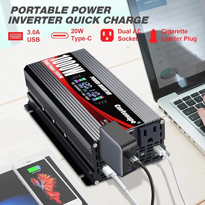 Cantonape 1000W Car Power Inverter DC 12V to 110V/120V AC Converter with LCD Display 2 AC Outlets, 3.0A USB and Type-C Car Inverter for RV Camping Laptop Truck Vehicle