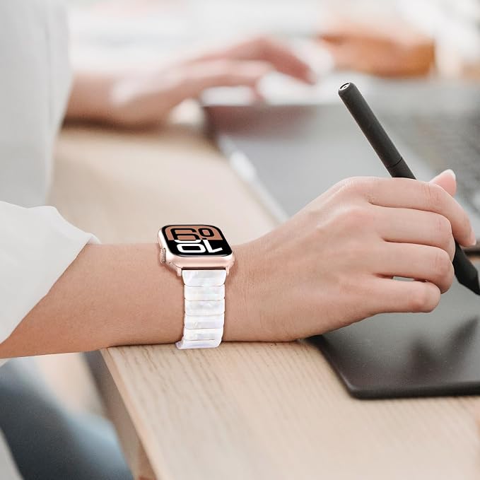V-MORO Resin Band Compatible with Apple Watch Series 7/8/9/10 46mm/45mm/44mm/42mm Fashion Jewelry Strap for iWatch Series 6/5/4/3/2/1/SE/SE 2 Lightweight Bracelet Wristband Women(Classic Aurora White)