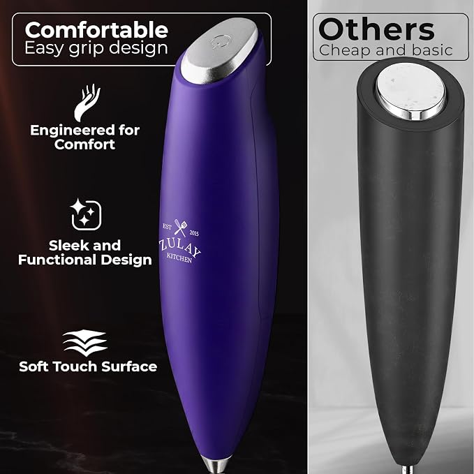 Zulay Kitchen Powerful Milk Frother Wand With Duracell Batteries - Ultra Fast Handheld Drink Mixer - Electric Whisk Foam Maker for Coffee, Lattes, Cappuccino & Matcha - Triple Whisk - Wine Purple