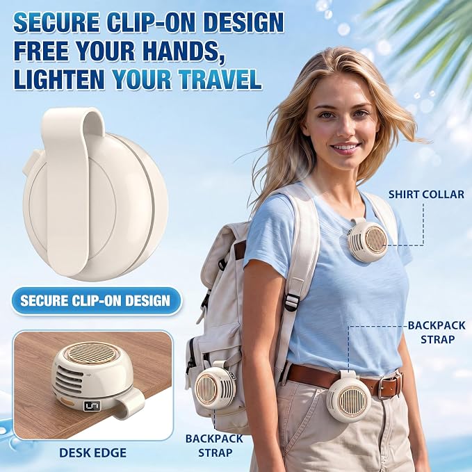 2 Pack Portable Silent Mini Bladeless Fan Clip On 5 Adjustable Speeds Digital Display 360° Rotatable USB Rechargeable Electric Small Fan for Shirt Waist Outdoor Travel(Beige)