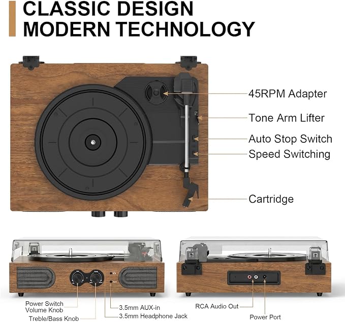Vinyl Record Player with Built-in Stereo Speakers, 3-Speed Belt-Drive Turntable, Treble & Bass Control, RCA-Out/AUX-in, 3.5mm Headphone Jack—Vintage LP Player for Home & Gifts, Walnut