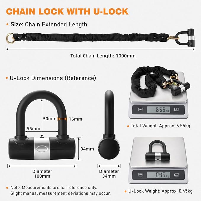 Heavy Duty Motorcycle Chain Lock, 10mm Hardened Steel Anti Theft Bike Lock Chain with U Lock & 4 Keys, 3.2FT Cut Resistant Security Lock for Motorcycle, E-Bike, Scooter, Bicycle, Gate - Gold