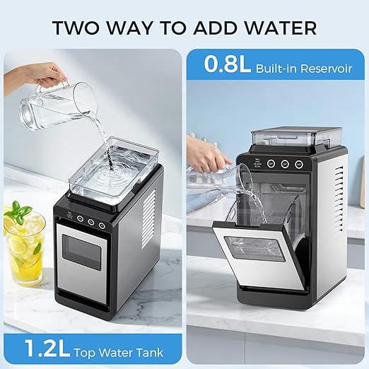 COWSAR Ice Maker Countertop, Portable Ice Machine with External Water Tank, 8 Cubes in 6 Mins, 26 lbs/24Hrs, Self-Cleaning Quiet Compact Commercial Ice Makers for Home, RV, Camping， Black and Silver