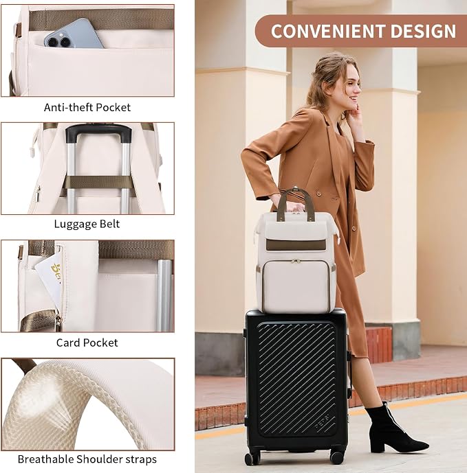 BERTASCHE Lunch Backpack for Women, 15.6 Inch Laptop Backpack with Insulated Cooler Lunch box, Nurse Backpack for Teacher Work Travel College Picnic, Beige