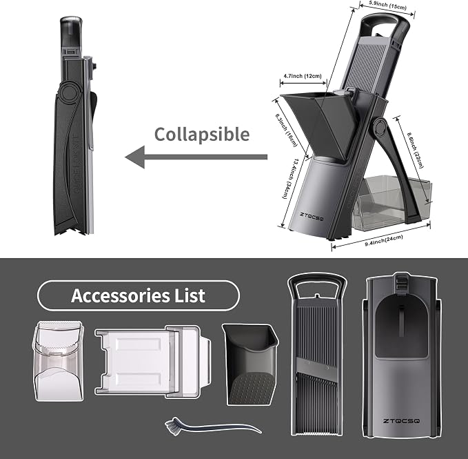 [All in 1] Upgraded Version Safe Mandoline Slicer for Kitchen, Adjustable Thickness. and Spiralizer, Veggie Slicer, Rapid Prep Mandoline, Detachable Blade, Cleaning Brush (Black Knight)