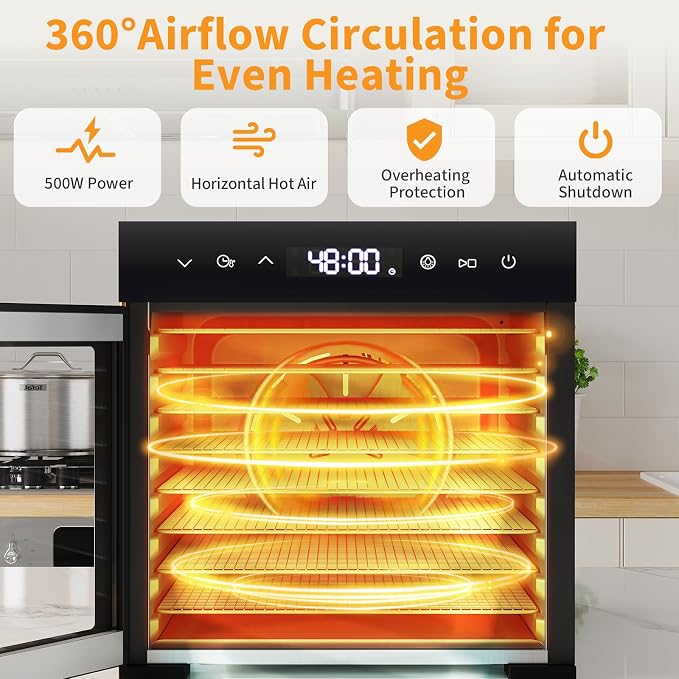 NEWBULIG 8 Stainless Steel Trays Food Dehydrator, 500W High Power Electric Food Dryer, 24 Hours Timing, 185°F Adjustable Temp, Perfect for Fruit, Meat, Jerky, Herbs and Dog Treats
