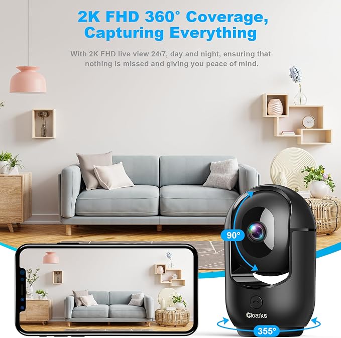 Cloarks 2K Pan/Tilt Security Camera, WiFi Indoor Cameras for Home Security with AI Motion Detection, Pet/Dog/Baby Camera with Phone App, 2-Way Audio, 24/7, Siren, TF/Cloud Storage，Black