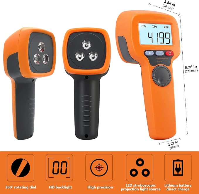 Digital LED Stroboscope Measuring 60-49999 RPM/Hz, Non-Contact Tachometer with 0.001% Accurate Estroboscopio Non-Contact Motor Engine Speed Analyzer for HVAC Motor Engine Speed Tester