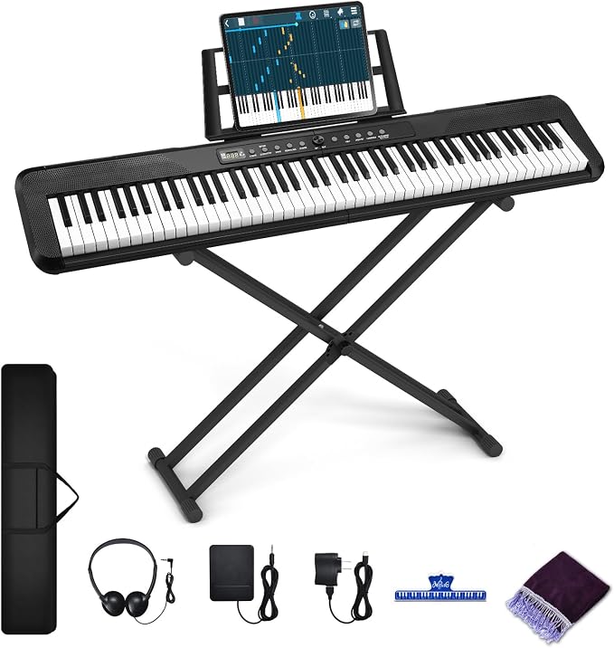88 Key Digital Piano, Semi Weighted Electronic Keyboard Piano with Music Stand, Power Supply, Sustain Pedal, Bluetooth, Carrying Case, Headphones, USB-MIDI Compatibility, for Beginner Professional