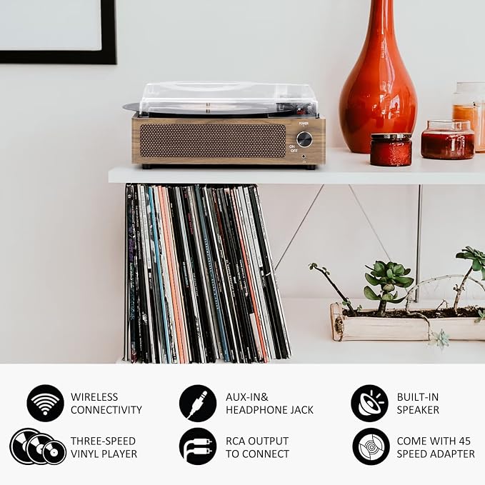 Record Player with Speakers Vintage Turntable for Vinyls Records Belt-Driven Turntables LP Vinyl Players Support Auto Stop 3-Speed 3 Size Wireless Playback Headphone AUX RCA Line Out Wood Retro Cyan