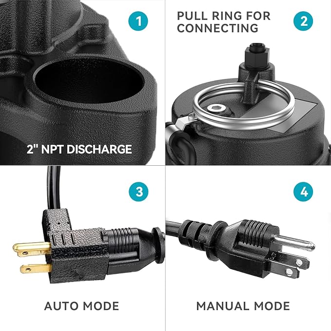 1/2 HP Sewage Pump, Cast Iron Effluent Pump, Automatic Float Switch, Sewage Sump Pump for Sump Basin, Basement, Residential Sewage, 2'' NPT Discharge, Black