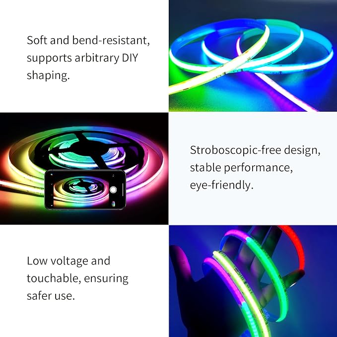 COB RGB Smart IC Strip Lights 20FT/6M UL-Listed 24V Color Flowing Strip Light Multicolor Flexible Tape Lights with APP Control Music Sync for Bedroom Gaming Party Home Decor