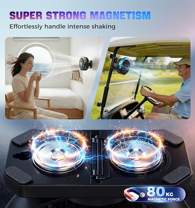 Magnetic Golf Cart Fan, Camping Fan with Misting & LED Light, Rechargeable Portable Fan with 12000mAh Battery and Strong Magnet Base, 3-Speeds Battery Operated Fan for Golf Cart, Cruise Ship, Tent