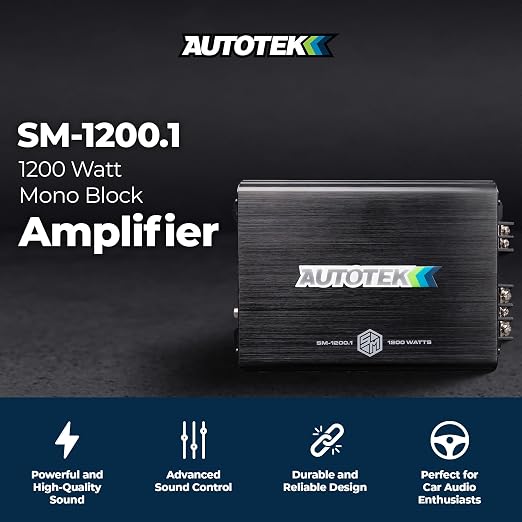 Autotek 1200 Watt 1 Channel Car Audio Amplifier, High Output Class A/B Mono Bridged 4 Ohm Stable Input, Street Machine, SM-1200.1, Black