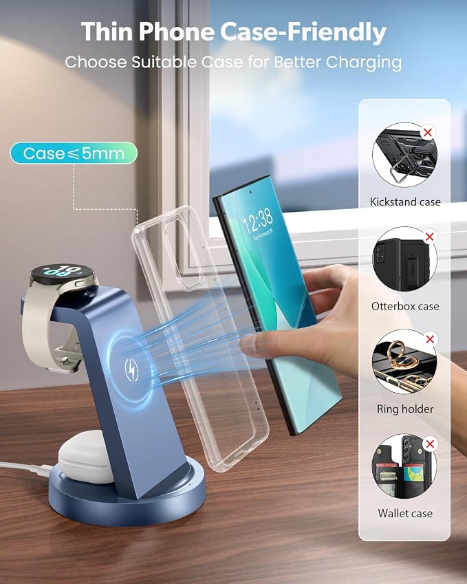 Wireless Charger for Samsung: 3 in 1 Wireless Charging Station for Samsung Galaxy Watch 8 7 6 5 4 3 Pro Classic Galaxy Buds - Charger Dock Stand for S26 S25 S24 Ultra S23 S22 S21 Note Z Fold Android