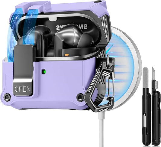 Secure Lock Case for Samsung Galaxy Buds3 FE (2025)/Buds3 Pro & Galaxy Buds 3 (2024), Shockproof Hard Case Cover with Cleaning Kit & Keychain | Auto-Open | Compatible with MagSafe