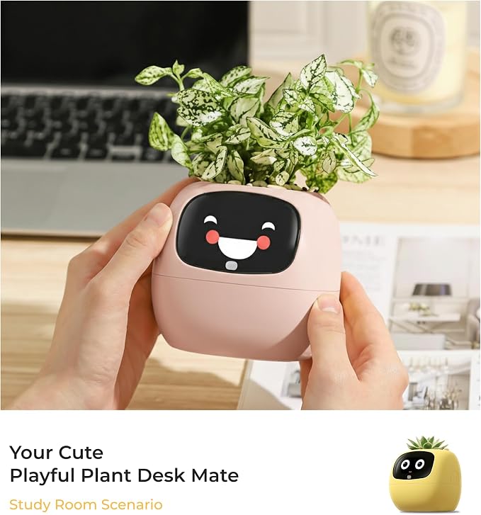 PLANTSIO Ivy AI Smart Planter Intelligent Flower Pot for Home Decoration Plants Companion Neat Desk Setup Gift Pet Planter Robot Guidance on Plant Care with Emojis (Pink)