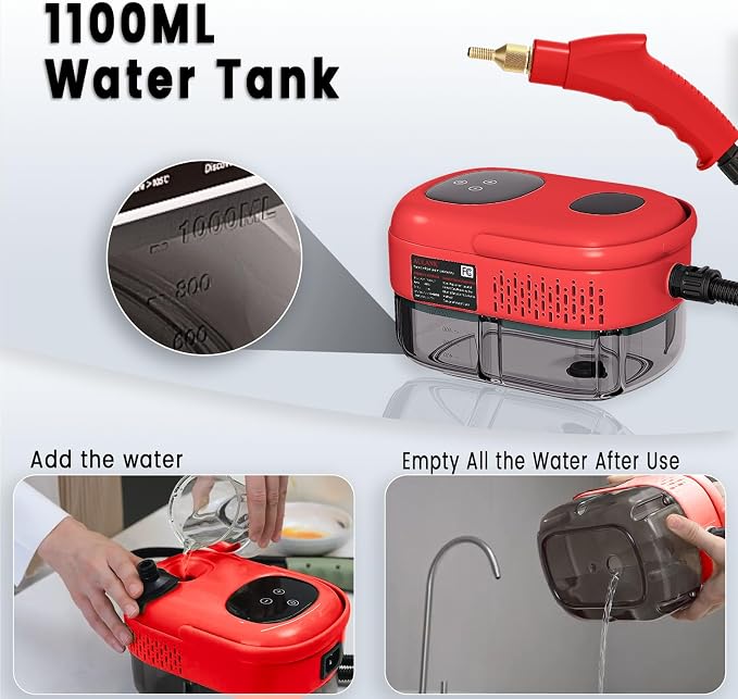 Steam Cleaner, Portable Pressurized Steamer for Cleaning with 14pcs Accessories, 6-Level Adjustable and 15s Heat-Up, Handheld Steam Cleaner for Home, Tile, Dirt, Grout, Grease, Car Detailing (5-Red)