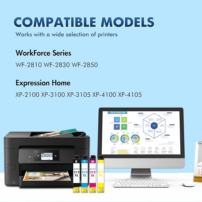 Remanufactured Replacement for 212XL XP-4105 Ink Cartridges Combo Pack 4 Compatible for 212 for Epson Printer XP-4100 XP 4100 4105 XP-4105 Workforce WF-2850 WF 2850 2830 WF-2830 WF-2810 (4 Pack KCMY)