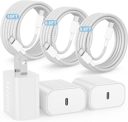 Fast Charging for iPhone 15 16 Pro Max Charger Colorful, 3Pack 20W USB C Fast Chargers Block with 6/6/10ft Long USB C to C Braided Cable Compatible with iPhone 16/15 Pro/15 Plus/iPad Pro 13/12.9，White