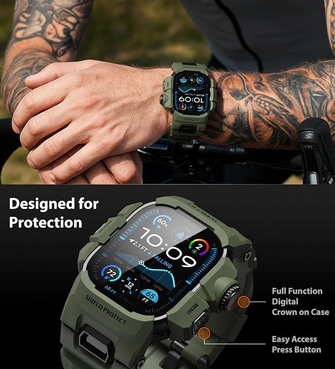 ULTIMAL Rugged Case with Band for Apple Watch 49mm,Compatible with Apple Watch Ultra 3/2/1, Military Grade Shockproof Bumper Cover for iWatch Tactical Band Men (49mm,Green)