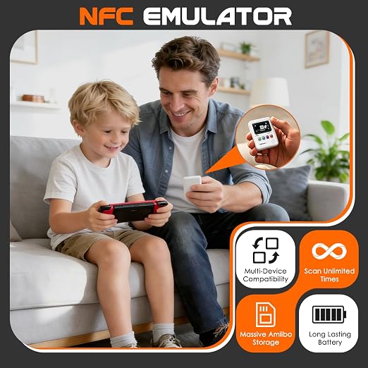 Upgraded NFC Emulator, Portable Button Operation, 3000+ Data Storage, , Compatible with Over 60 Games, 1.3" OLED Screen, Type-C Charging Port, White