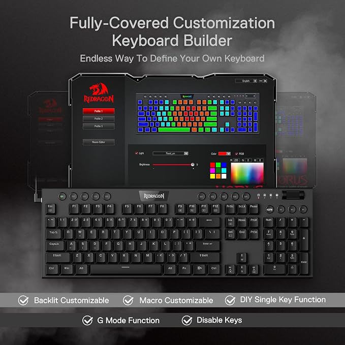 Redragon K619 Horus RGB Mechanical Keyboard, Ultra-Thin Designed Wired Gaming Keyboard w/Low Profile Keycaps, Dedicated Media Control & Linear Red Switch, Pro Software Supported