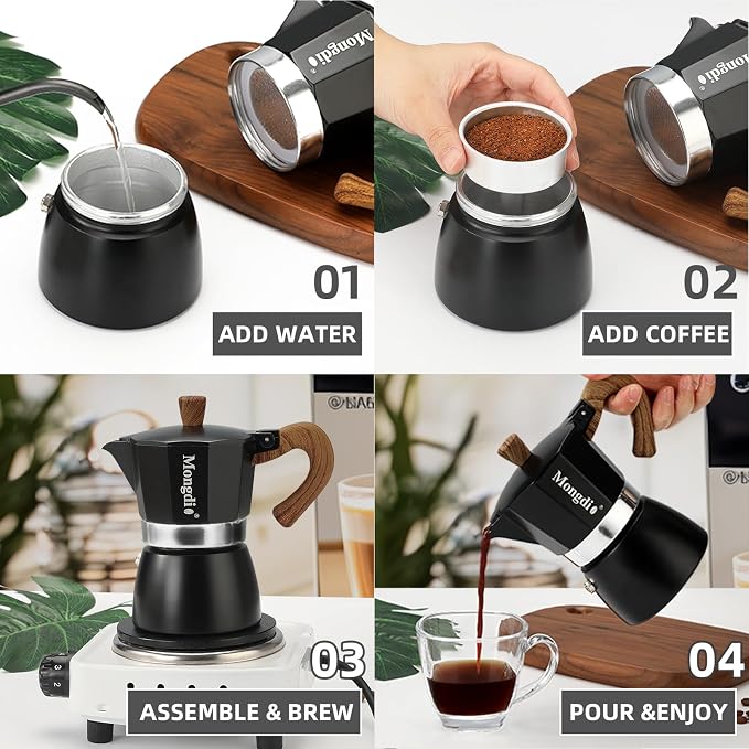 Mongdio Stovetop Espresso Maker Moka Pot, Cuban Coffee Maker Stove top coffee maker Moka Italian Espresso Greca Coffee Maker Brewer Percolator, 6 Espresso Cups, 10 oz - Black