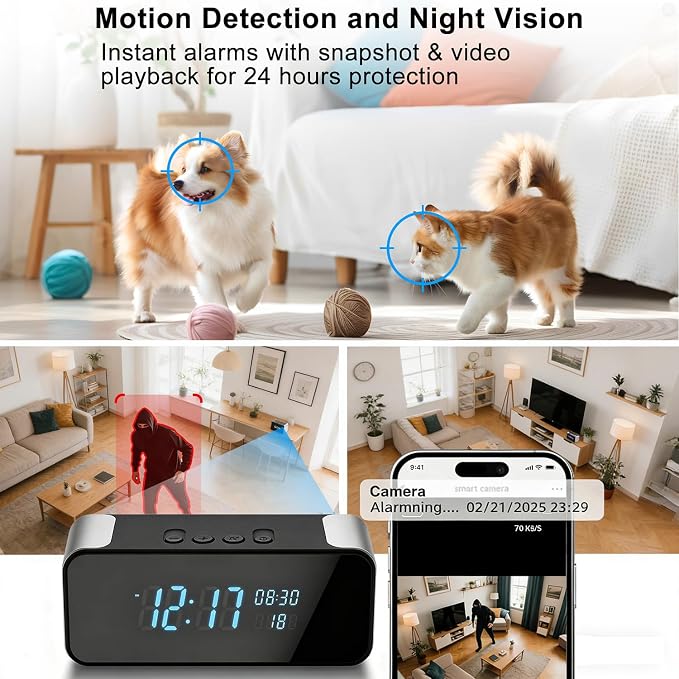 4K Hidden Camera Alarm Clock with Bluetooth, WiFi Wireless Nanny Cam for Home Security with Night Vision, Motion Detection, Remote Live Stream