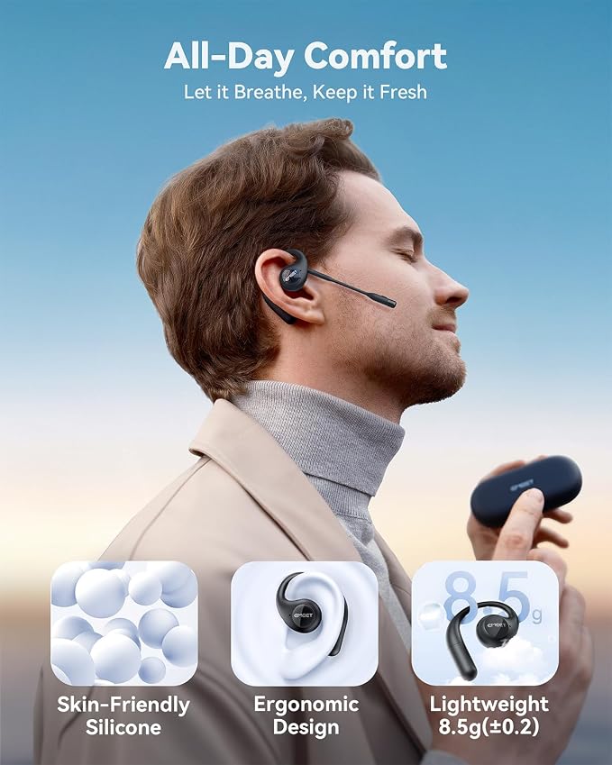 EMEET AirFlow Open Ear Headphones with Mic, Bluetooth 5.3 Wireless Headsets with Detachable Microphone, ENC Noise Cancelling, Multipoint Pairing, Ultra Comfort, Wireless Earbuds for Work, home, office