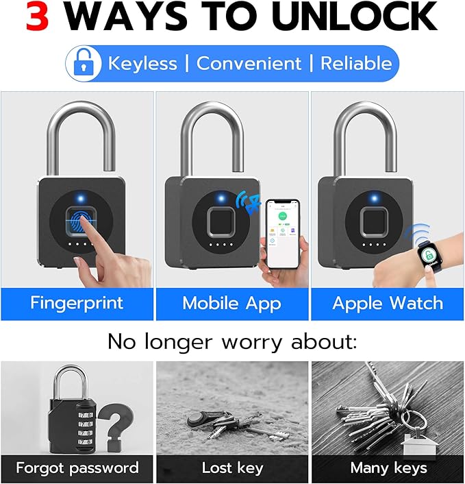 eLinkSmart Fingerprint Gym Locker Lock, Keyless Biometric Padlock, Weatherproof Electronic Digital Bluetooth App Smart Combination Pad Lock for Outdoor Fence Gate Storage Unit Pool Shed - Black