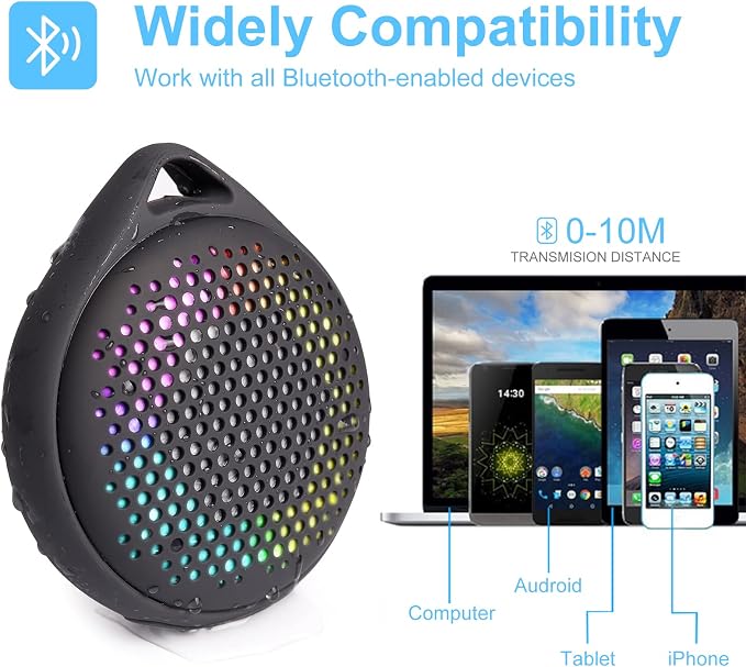 Bluetooth Shower Speaker, IP67 Waterproof with RGB Light, Portable with Hi-Fi Sound and Built-in Mic, Supports TF Card, Wireless for Home, Outdoor, Travel
