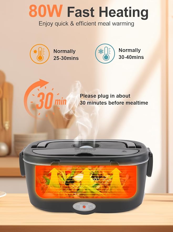 SOHIDA Electric Lunch Box, 80W Fast Heated Lunchbox for Adults, Dual 1.5L 304 Stainless Steel Portable Food Warmer for Car/Truck/Work, 12/24/110V Lonchera Eléctrica Portátil