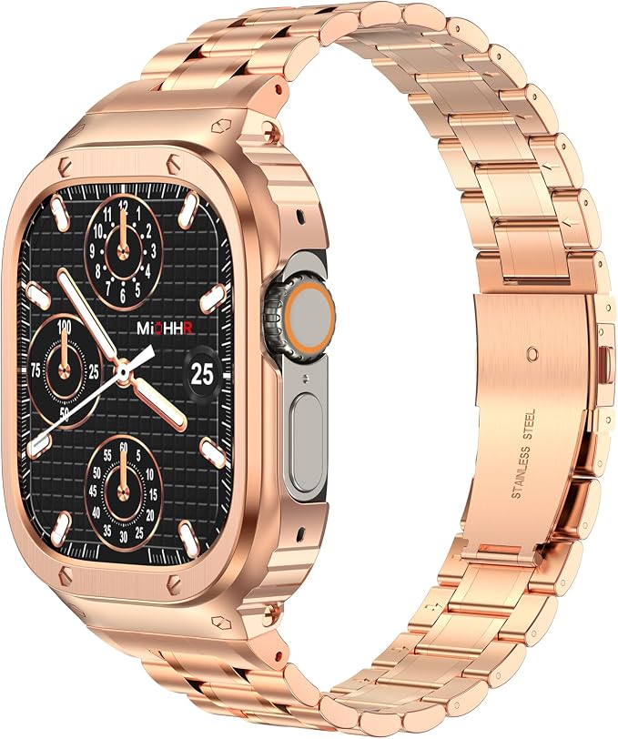 MioHHR Stainless Steel Watch Band with Case Compatible with Apple Watch Series Ultra3 2 1(49mm),Rugged Strap with Metal Protective Bumper Cover for iWatch Band Men(Rose Gold)