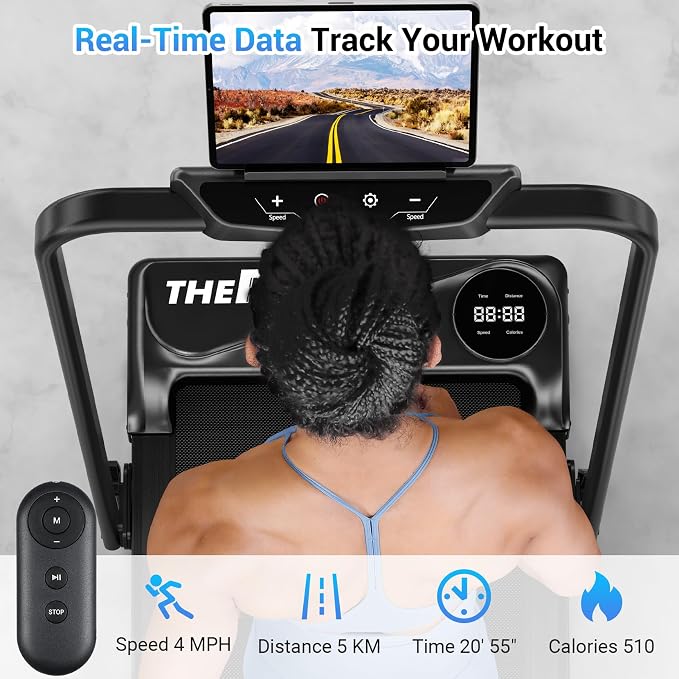 THERUN Walking Pad with Handle Bar, Walking Pad Treadmill for Home, Compact Treadmills with APP, Under Desk Treadmill with 10% Manual Incline, Portable Treadmill with Quiet Core