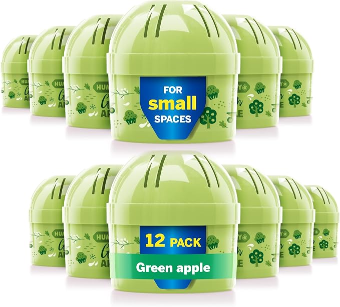 HUMYDRY Moisture Absorber Device, Mini Pack of 12 2.6oz, Up to 500 Days of Moisture and Humidity Control, Fights Summer Humidity, Green Apple Air Freshener, Small Space Dehumidifier, Non Electric