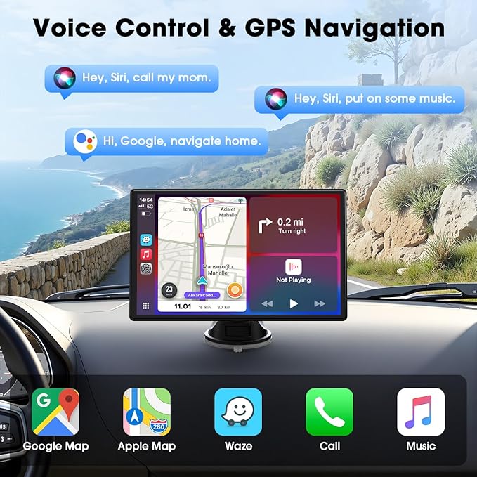 Topexplore Carplay Screen for Car, 9'' Wireless CarPlay & Android Auto- Upgrade Portable Touchscreen with Bluetooth, Mirror Link, Voice Control, Hands-Free Calling,Plug & Play Car Play Screen