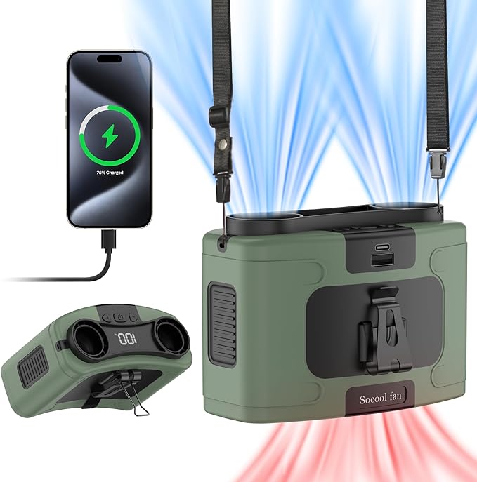 Socool 20000mAh Portable Waist Fan Clip on Wearable Belt Personal Fans Rechargeable Battery Operated, 40H Cooling Fan with 10 Speeds & Dual Motors, Neck Fans Hanging Hands-Free for Outdoor Travel