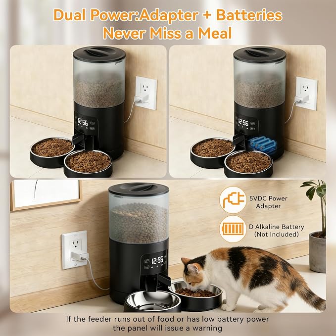 NEWBULIG Automatic Cat Feeder for 2 Cats, 6L/25.3 Cups Timed Pet Feeders with Dual Bowls, 10s Voice Recorder, Dog Food Dispenser for Dry Food, 6 Meals/Day, 50 Portions/Meal, Dual Power Supply, Black