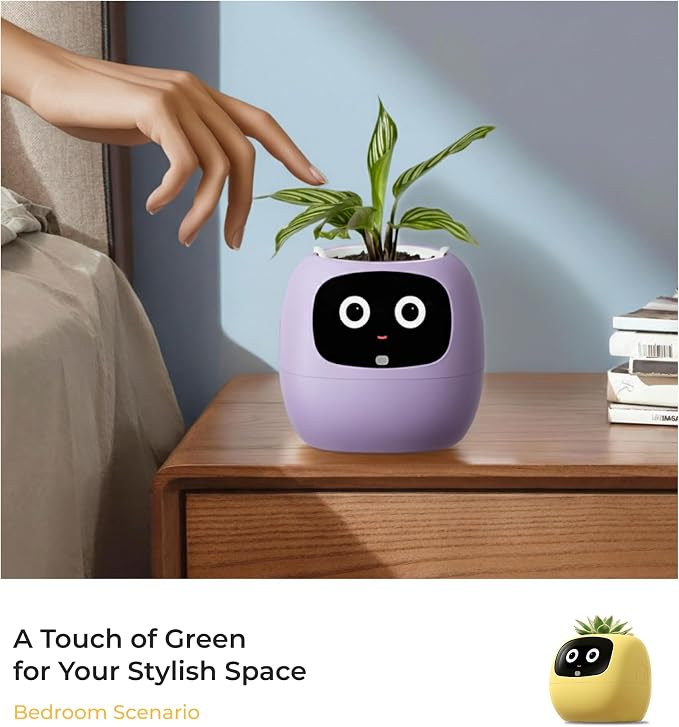 PLANTSIO Ivy AI Smart Planter Intelligent Flower Pot for Home Decoration Plants Companion Neat Desk Setup Gift Pet Planter Robot Guidance on Plant Care with Emojis (Violet)