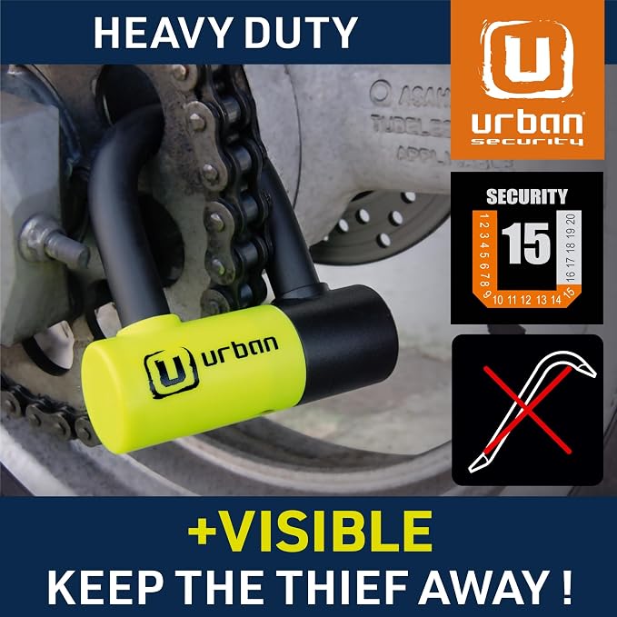 Urban UR59 High Security Motorcycle Disc Lock, ø14 mm Double Locking Mini U, Hardened Steel, Dual Funtion for Brake Wheel or Chain, Reminder Cable, Heavy Duty Anti Theft Device for eBike Scooter